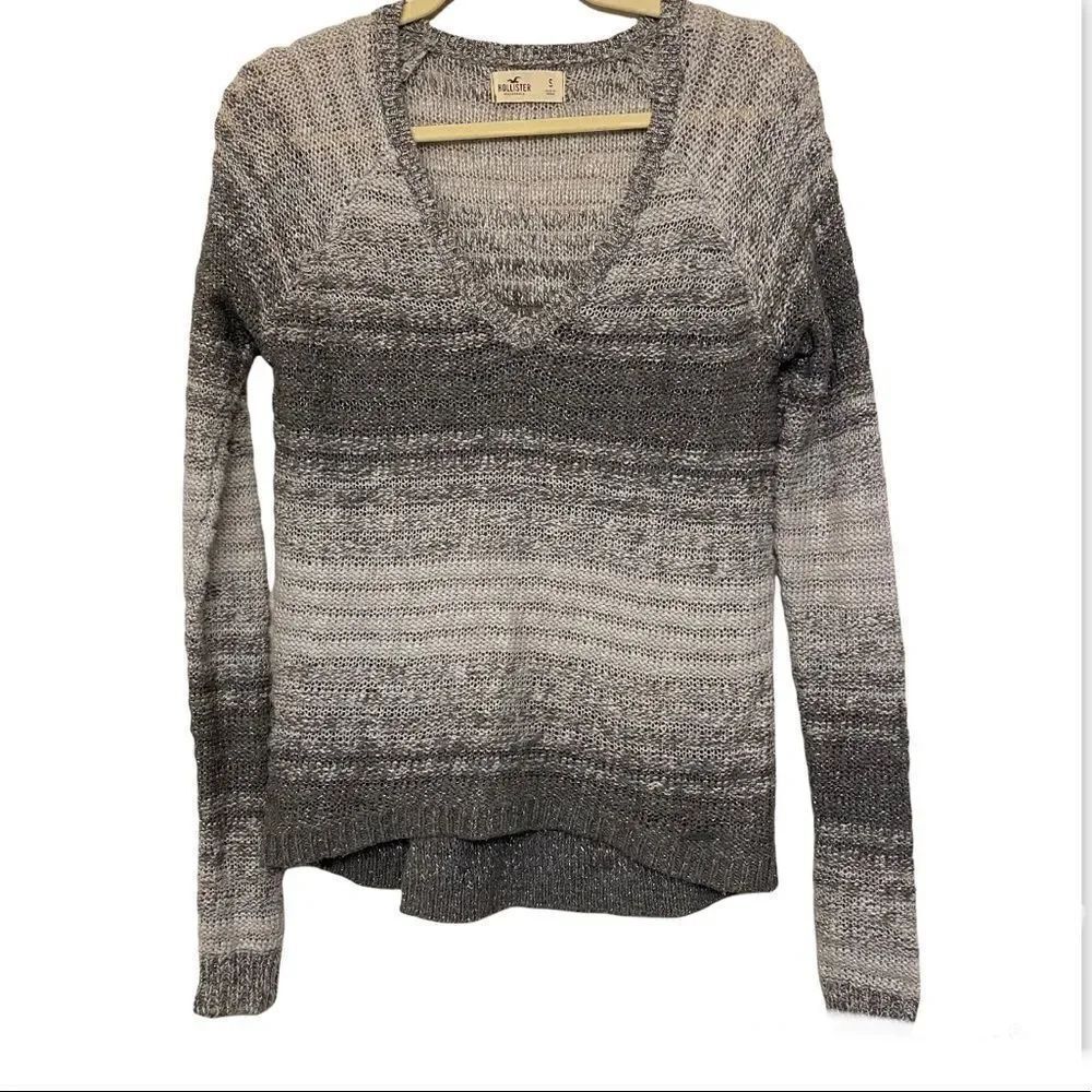 Hollister Gray Metallic Stripe V Neck Sweater lightweight open knit Y2K S